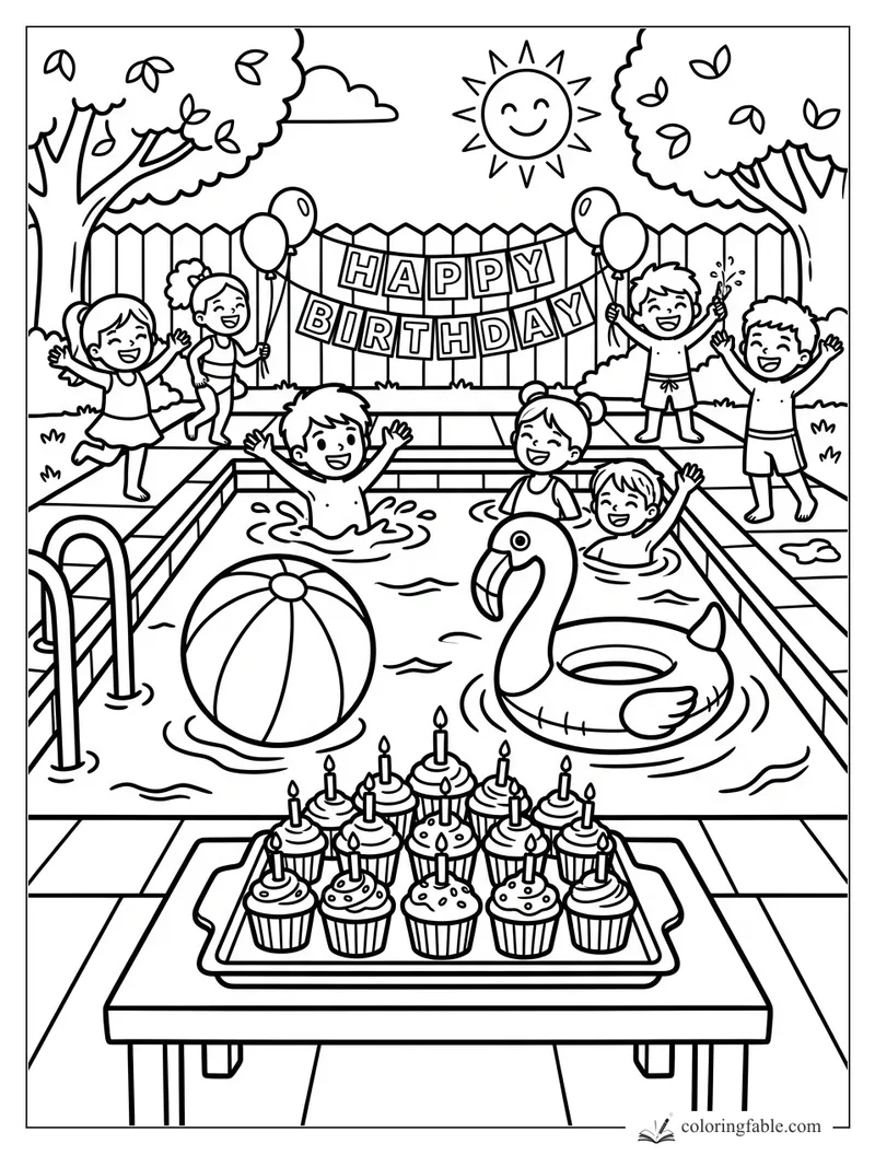 Kids celebrating a pool birthday with cupcakes, balloons, banner, beach ball, and flamingo float