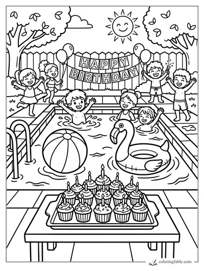 Kids celebrating a pool birthday with cupcakes, balloons, banner, beach ball, and flamingo float