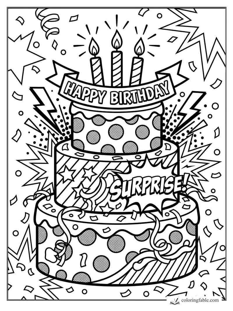 Pop-art birthday cake with three candles, Happy Birthday banner, surprise gift, confetti, and lightning bursts.