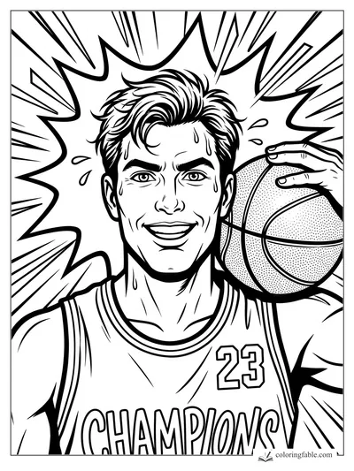 Pop-art basketball player smiling with sweat drops, jersey 23, and ball on shoulder amid comic bursts.