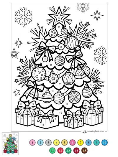 Pop-Art Christmas Tree with Starbursts and Bowed Gifts — color by number