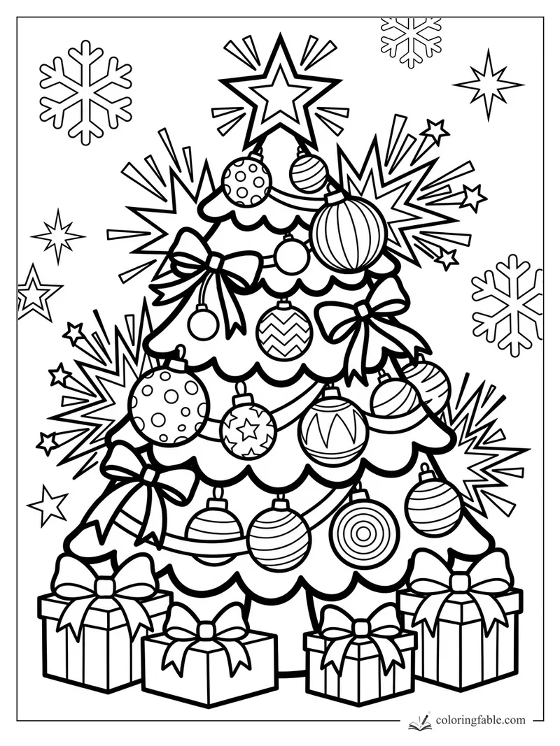 Pop-art Christmas tree with star topper, ornaments, bows, gifts, snowflakes, and comic starbursts