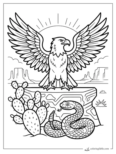 Pop-art eagle with spread wings above a coiled rattlesnake, cactus, mesas, clouds, and rising sun.