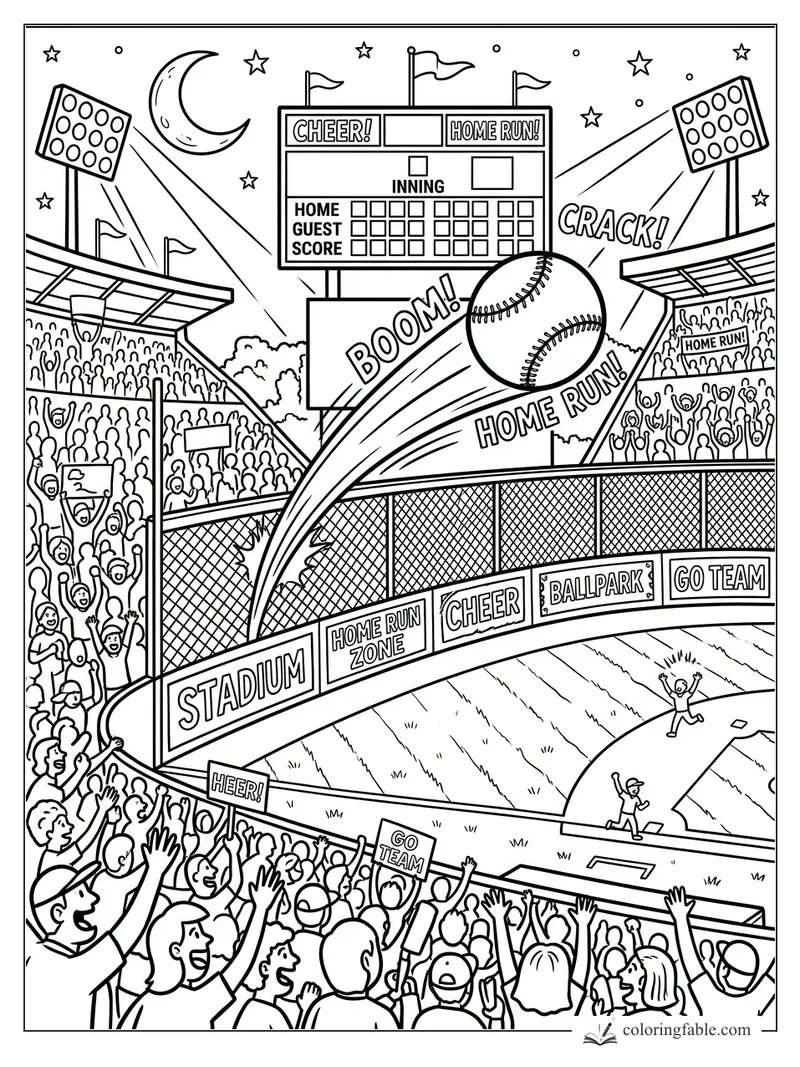 Pop-art baseball stadium with a home run ball, cheering crowd, scoreboard, lights, moon, and stars