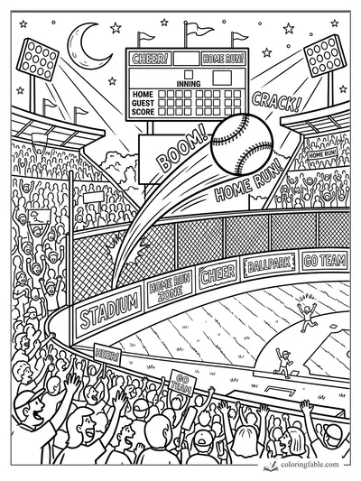 Pop-art baseball stadium with a home run ball, cheering crowd, scoreboard, lights, moon, and stars