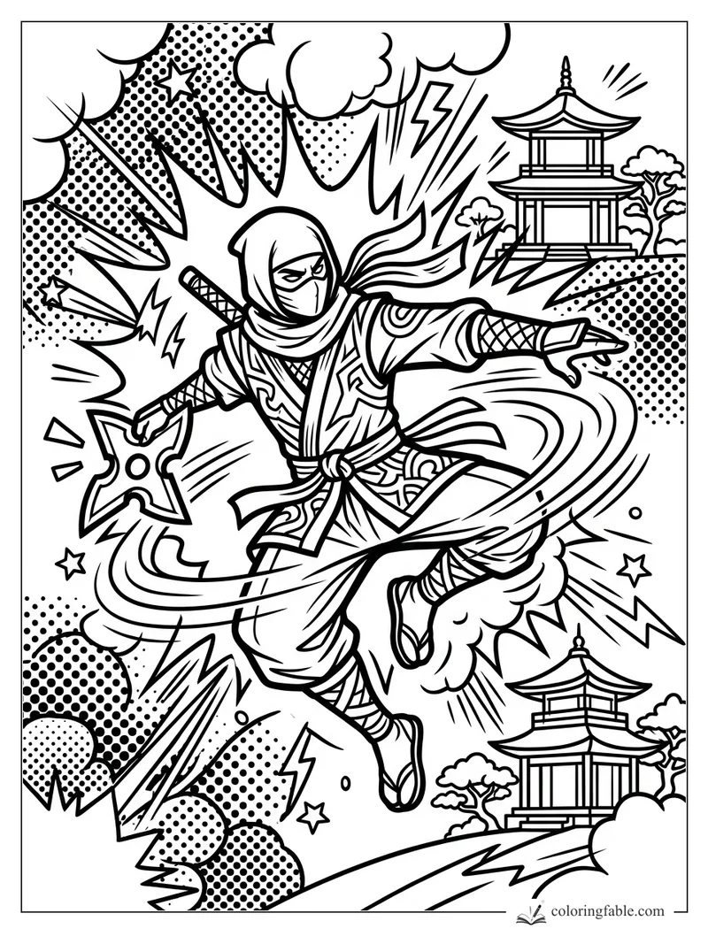 Pop-art ninja leaping with shuriken, lightning bolts, stars, clouds, and pagodas in the background