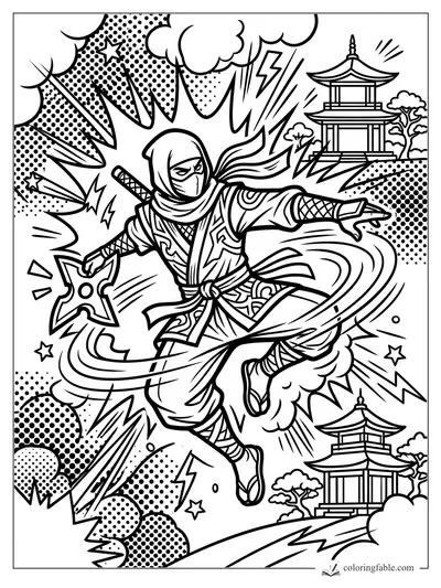 Pop-art ninja leaping with shuriken, lightning bolts, stars, clouds, and pagodas in the background