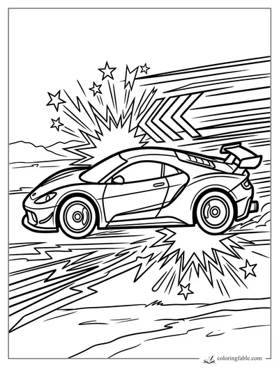 Pop-art sports car racing past stars, zigzag bursts, chevron arrows, and long speed lines