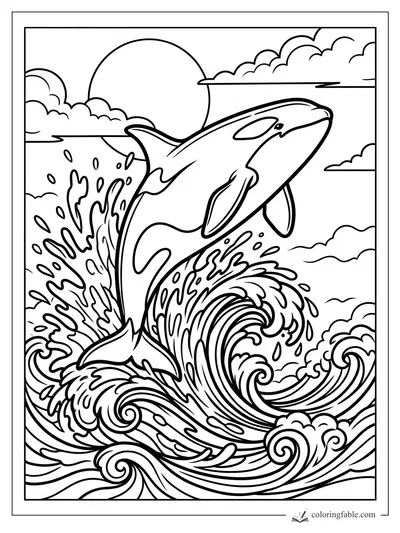 Pop-art whale breaching from curling ocean waves with sun, clouds, and splashing water