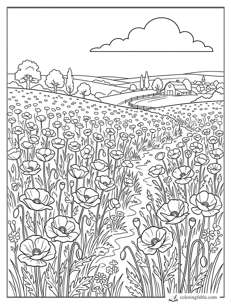 Poppy field coloring page with winding path, rolling hills, trees, farmhouses, village, and cloud
