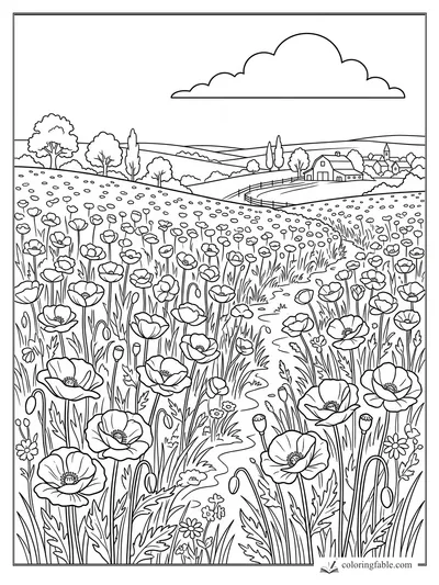 Poppy field coloring page with winding path, rolling hills, trees, farmhouses, village, and cloud