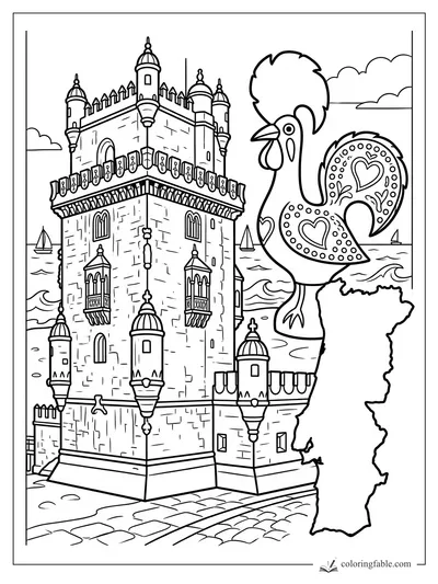 Portugal coloring page with Belém Tower, Barcelos rooster, sailboats, waves, and country outline