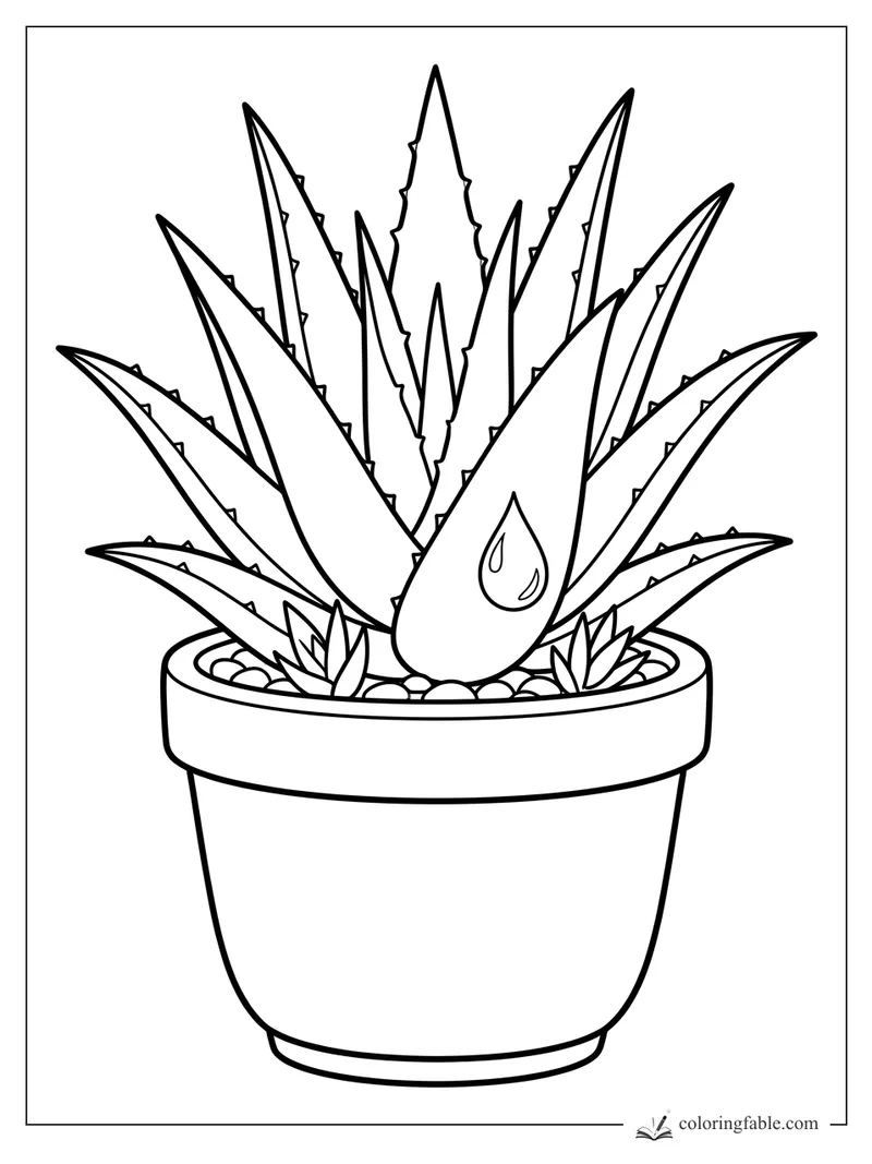 Easy coloring page of a potted aloe succulent with spiky leaves, pebbles, small sprouts, and a water drop mark.