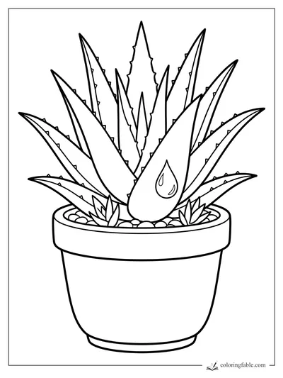 Easy coloring page of a potted aloe succulent with spiky leaves, pebbles, small sprouts, and a water drop mark.