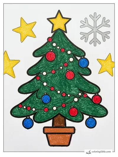 Potted Christmas Tree with Star and Snowflake — colored example