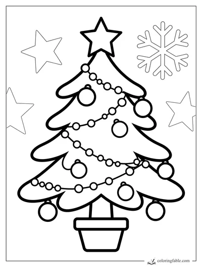 Easy Christmas tree coloring page with star topper, round ornaments, bead garlands, snowflake, and stars.