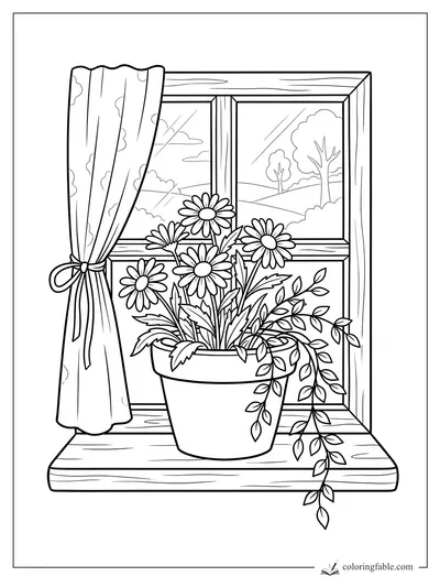 Aesthetic coloring page of potted daisies on a windowsill with tied curtain, trailing leaves, and hills outside