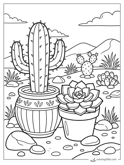 Cartoon desert coloring page with a tall potted cactus, rosette succulent, rocks, grasses, hills, and clouds