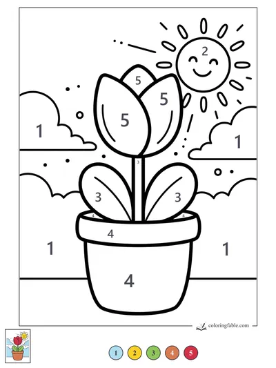 Potted Tulip Under a Smiling Sun — color by number