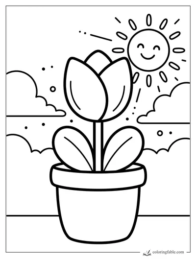 Bold easy coloring page of a potted tulip with big leaves, clouds, dots, and a smiling sun.