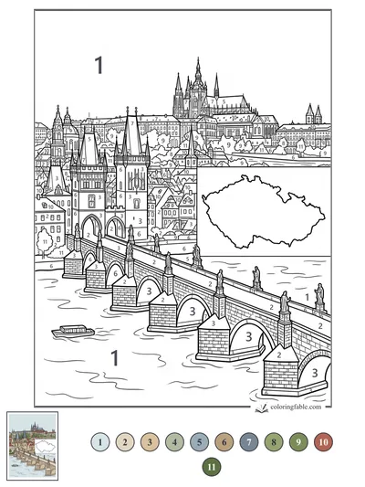 Prague Castle and Charles Bridge with Czech Map — color by number