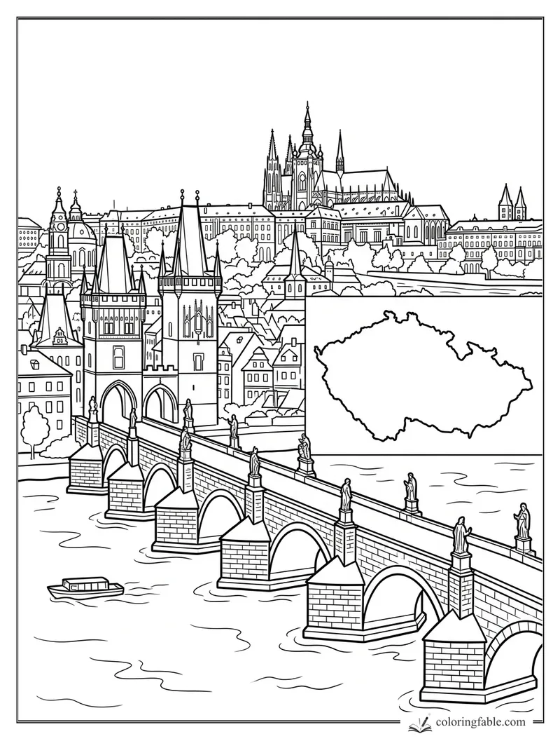Intricate Prague coloring page with Charles Bridge, Prague Castle, Vltava River, and Czech Republic map outline