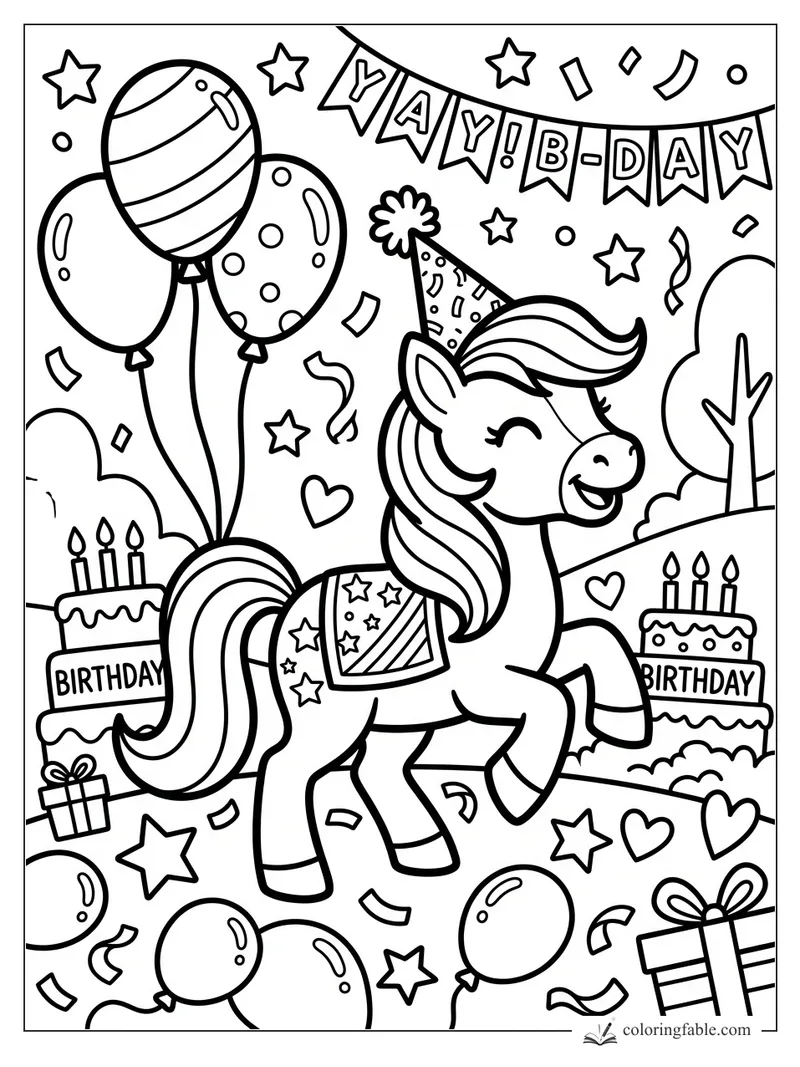 Cartoon pony prancing in a party hat with birthday cakes, balloons, banner, gifts, stars, and confetti.