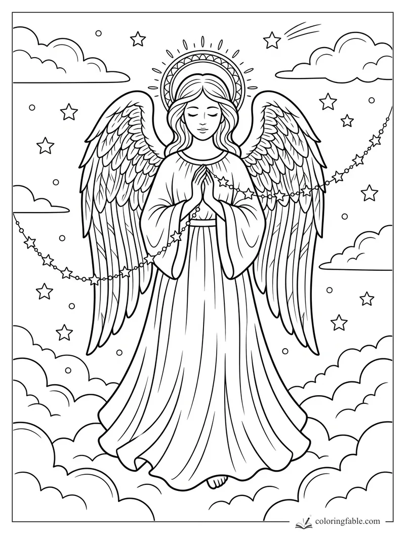 Christmas angel praying among clouds with feathered wings, halo, stars, and a beaded star garland