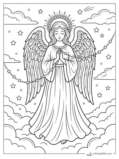 Christmas angel praying among clouds with feathered wings, halo, stars, and a beaded star garland