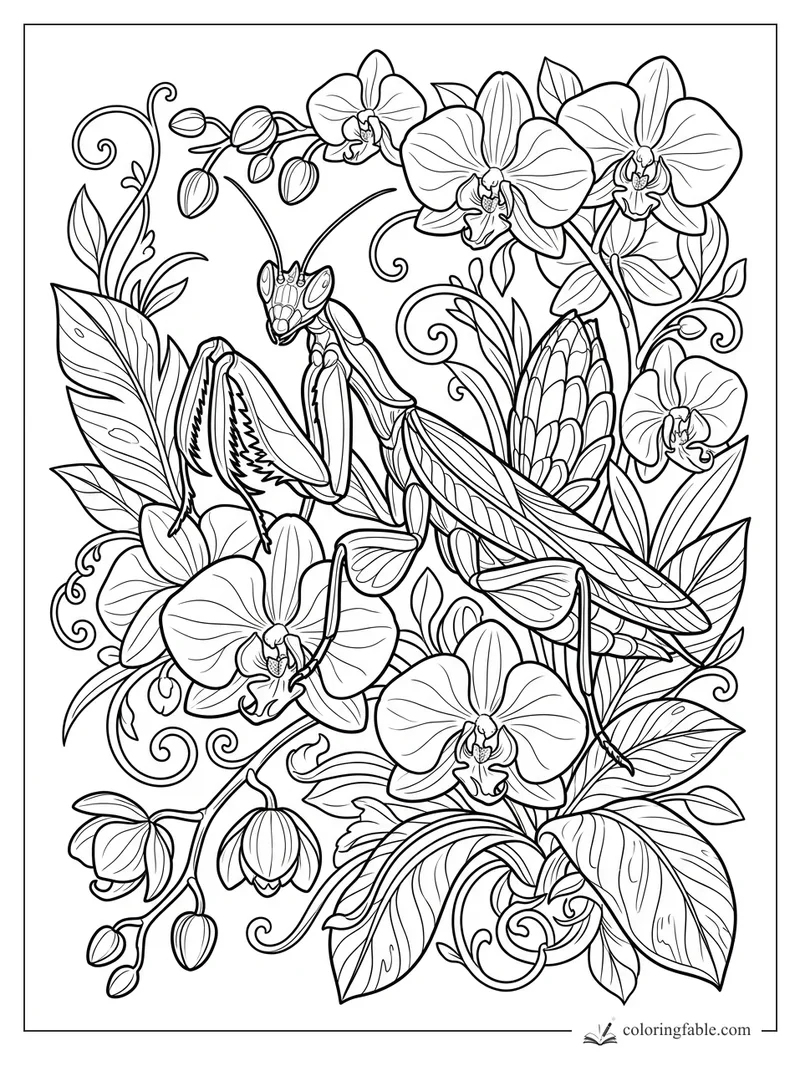 Intricate praying mantis coloring page with orchids, leaves, buds, and curling floral vines