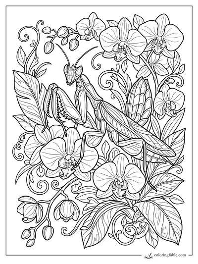 Intricate praying mantis coloring page with orchids, leaves, buds, and curling floral vines