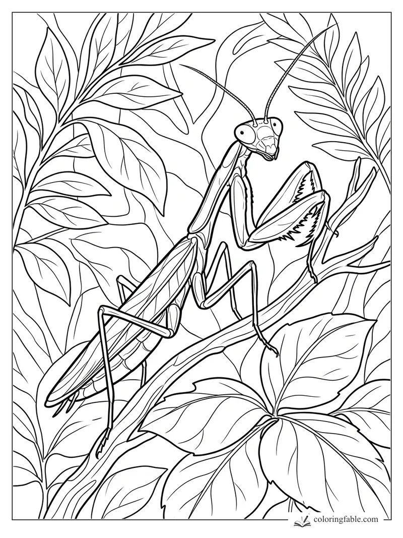 Realistic praying mantis perched on a branch among veined leaves, with raised forelegs and long antennae.