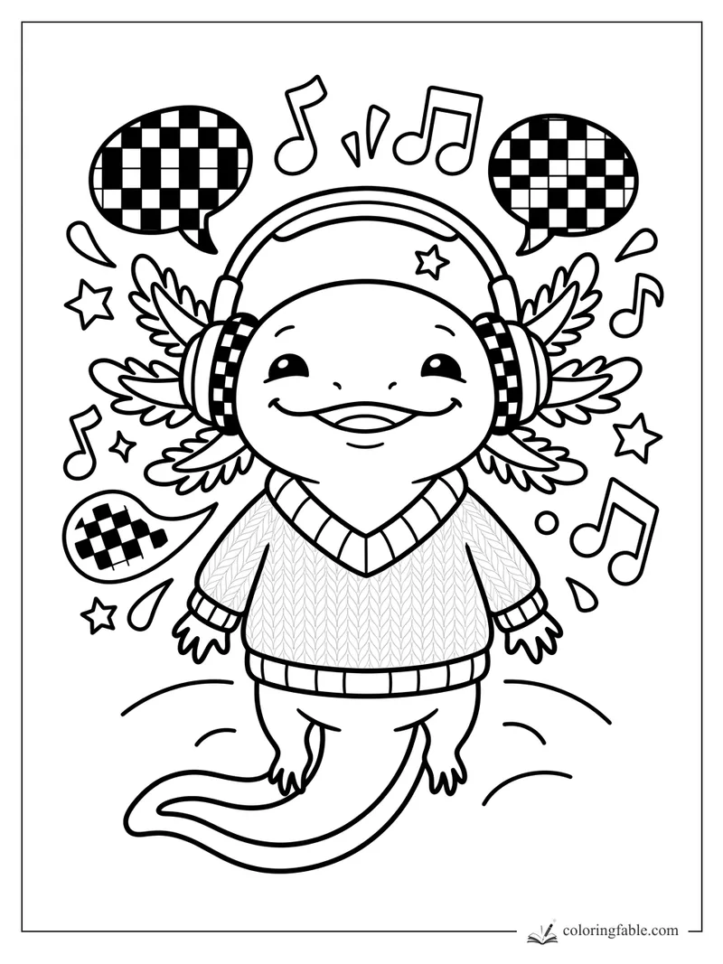 Smiling axolotl in headphones and sweater with music notes, stars, and checkered speech bubbles