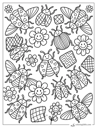 Preppy beetles with heart, dot, stripe, and chevron wings flying among smiling daisies and patterned patches.