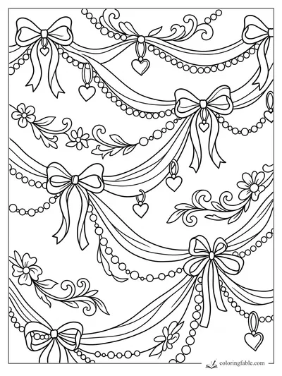 Intricate preppy bow garlands with pearl strands, heart charms, flowers, and curling leaves.