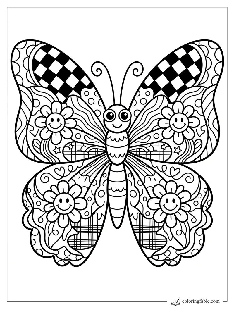 Preppy butterfly coloring page with checkerboard wings, plaid patches, smiling daisies, hearts, stars, and swirls.