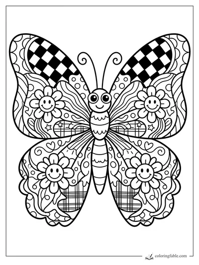 Preppy butterfly coloring page with checkerboard wings, plaid patches, smiling daisies, hearts, stars, and swirls.