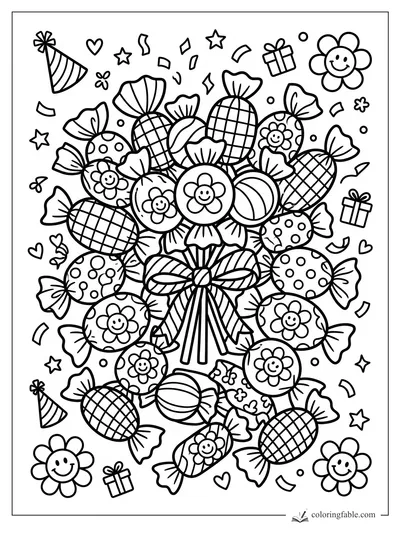 Preppy candy bouquet coloring page with bows, wrapped sweets, smiling flowers, stars, hearts, and gifts