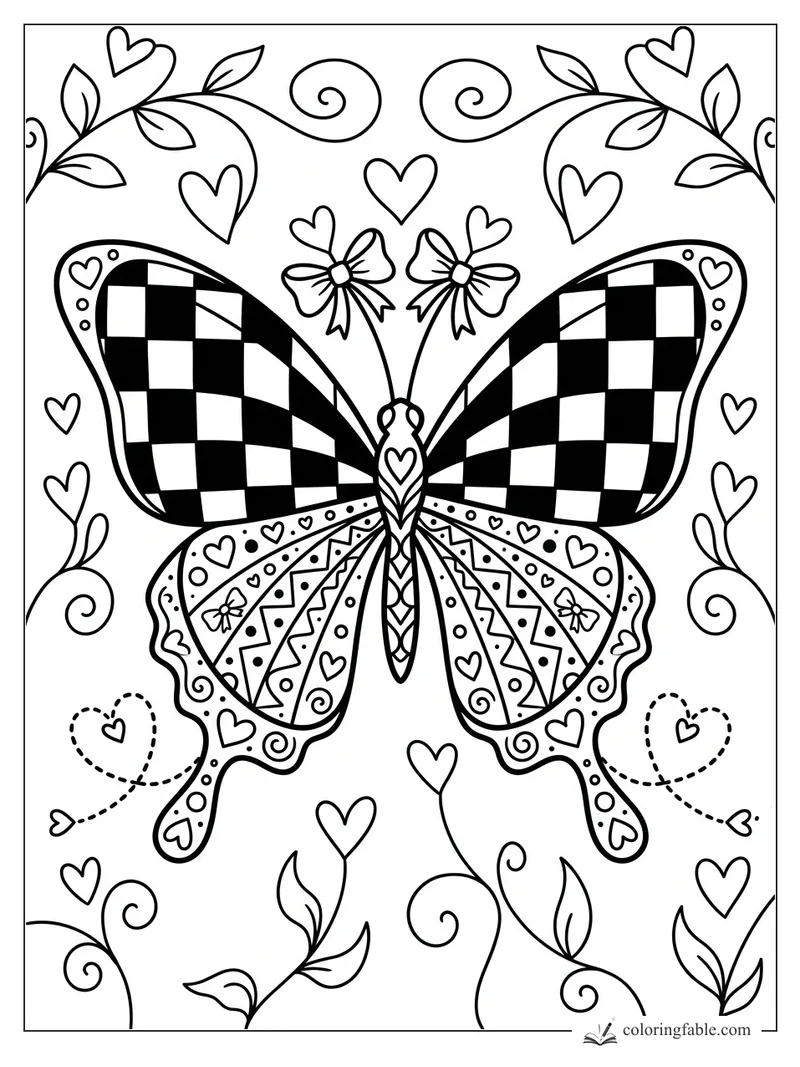 Intricate preppy butterfly coloring page with checkered wings, bows, hearts, vines, and dotted heart trails.