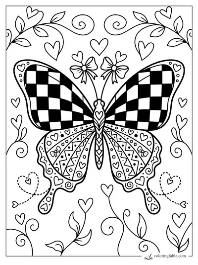 Intricate preppy butterfly coloring page with checkered wings, bows, hearts, vines, and dotted heart trails.