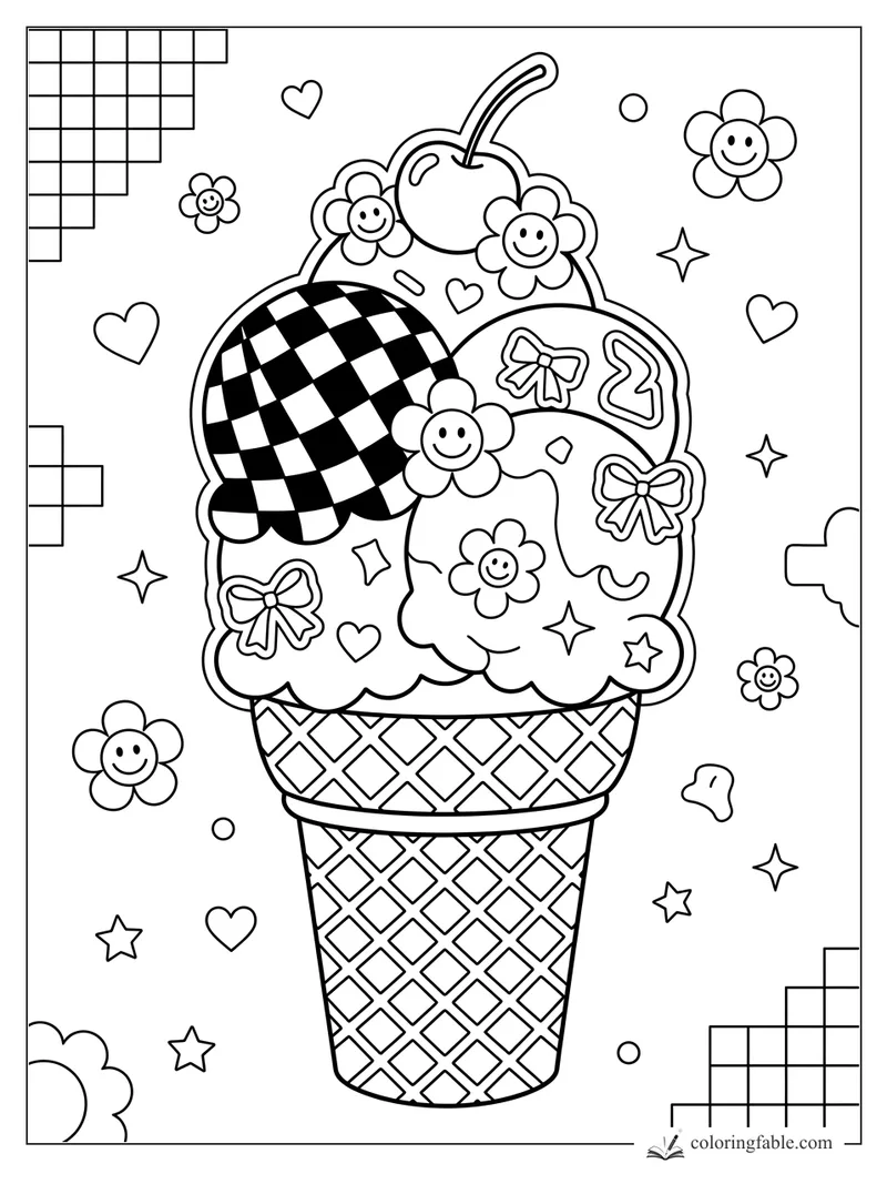 Preppy ice cream cone with checkered scoop, bows, smiling flowers, cherry, hearts and stars