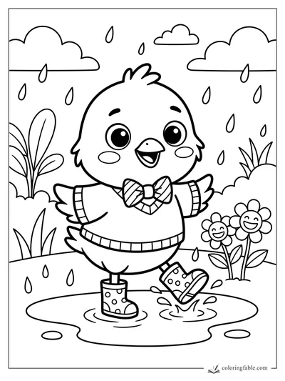 Cute preppy chick in a sweater and bow tie splashing in a puddle under rainy clouds.