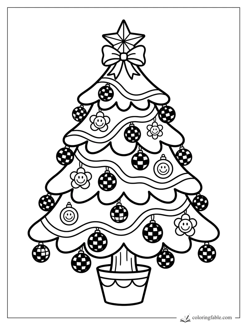 Preppy Christmas tree with bow, star topper, wavy garlands, smiley flowers, and checkered ball ornaments