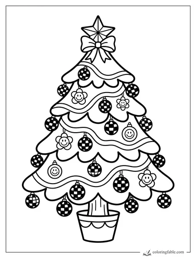 Preppy Christmas tree with bow, star topper, wavy garlands, smiley flowers, and checkered ball ornaments