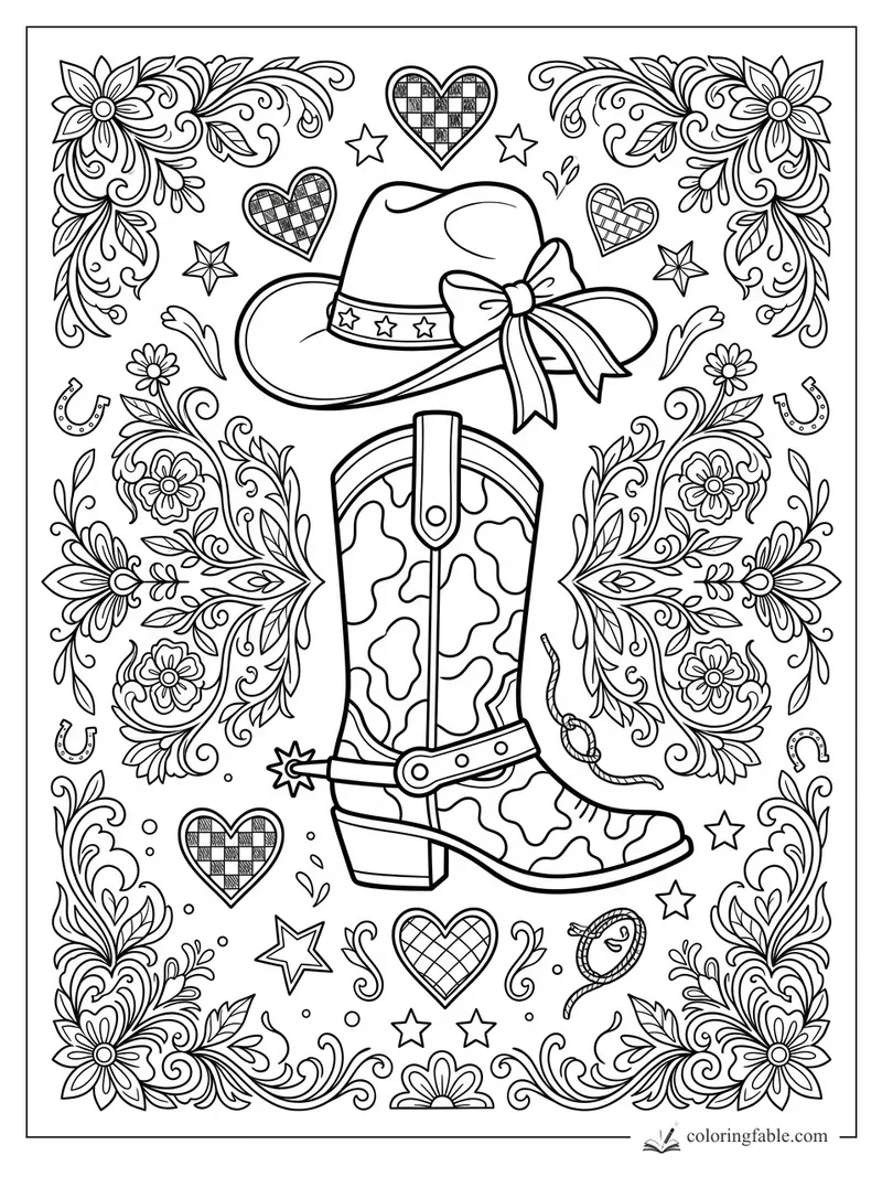 Intricate preppy cowgirl boot and hat with bow, hearts, stars, horseshoes, and floral scroll border.