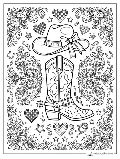 Intricate preppy cowgirl boot and hat with bow, hearts, stars, horseshoes, and floral scroll border.