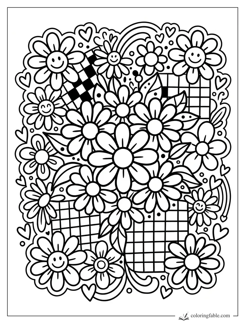 Preppy daisy coloring page with smiling flowers, checkerboard patches, hearts, leaves, dots, and rainbow arcs.