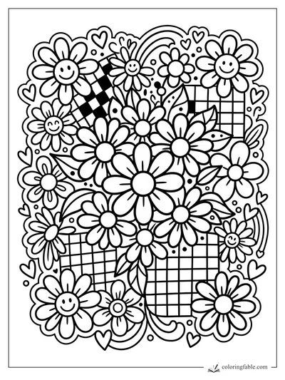 Preppy daisy coloring page with smiling flowers, checkerboard patches, hearts, leaves, dots, and rainbow arcs.