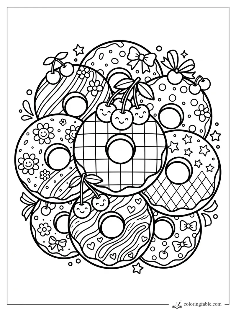 Preppy donut coloring page with cherries, bows, flowers, stars, stripes, dots, hearts, and a plaid donut.