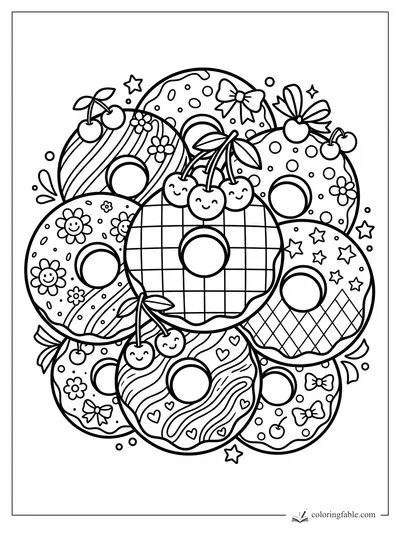 Preppy donut coloring page with cherries, bows, flowers, stars, stripes, dots, hearts, and a plaid donut.
